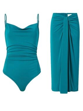 NWT Cinq à Sept Matching Set: Marta Bodysuit + Vallory Midi Skirt in Blue Jade